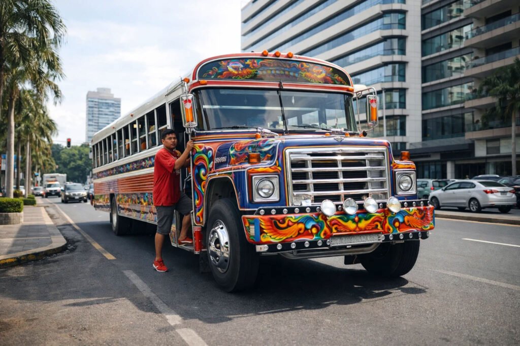 Autobús diablo rojo de Panamá circulando por una avenida de la Ciudad de Panamá con edificios modernos alrededor