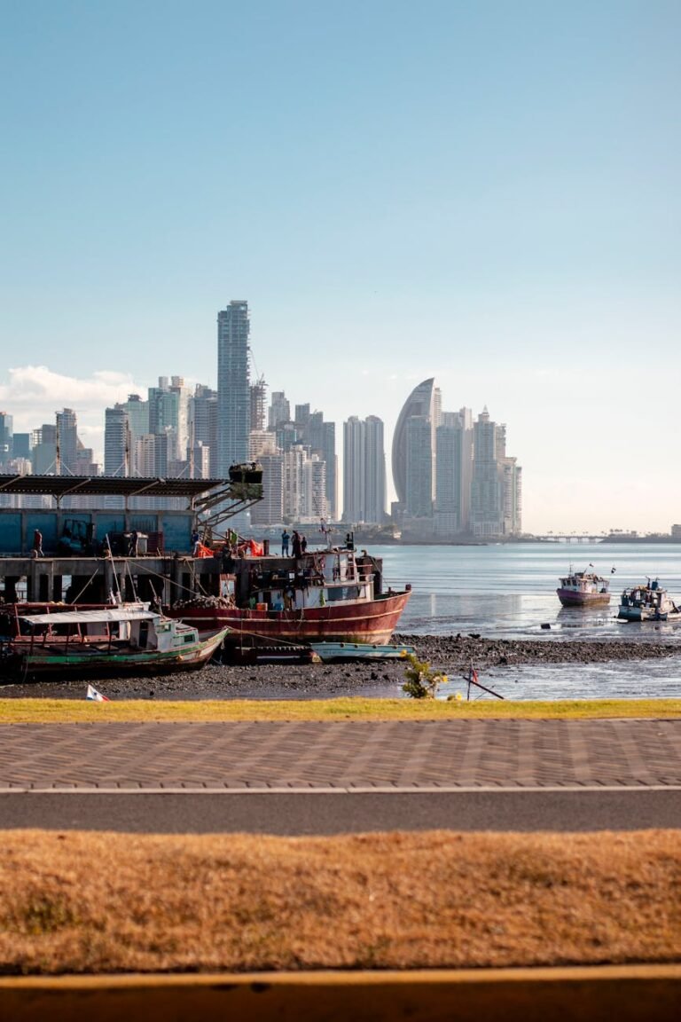 promenade on sea shore and city skyscrapers behind