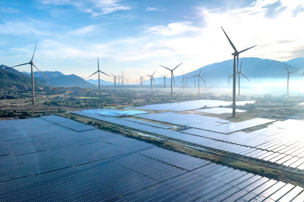 aerial view of renewable energy wind farm in vietnam
