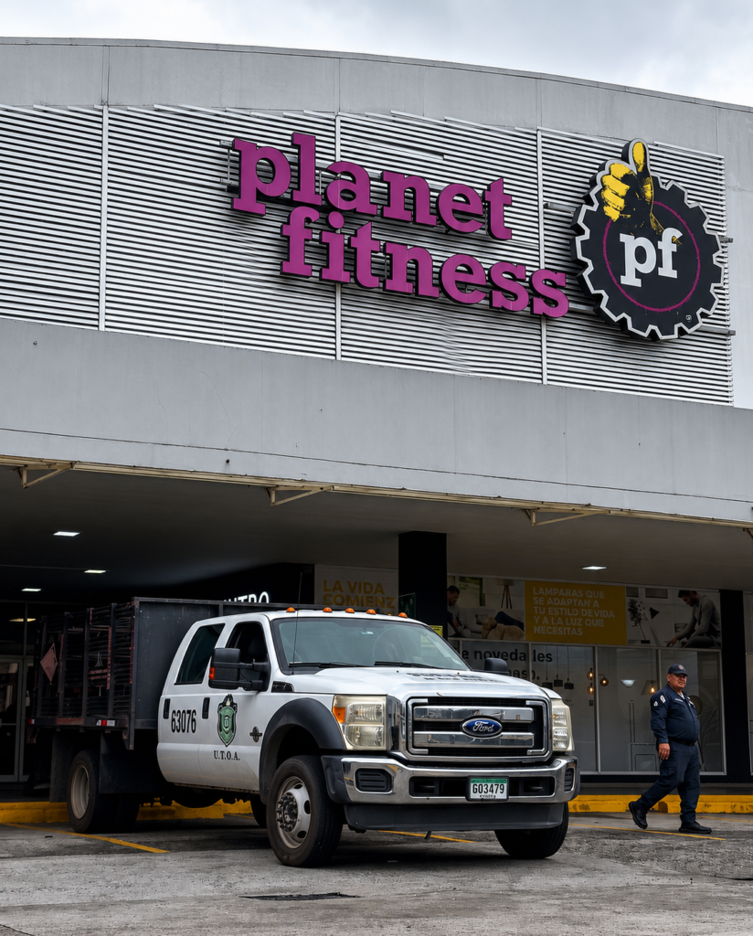 Sede de Planet Fitness Panamá con un vehículo de la Policía Nacional