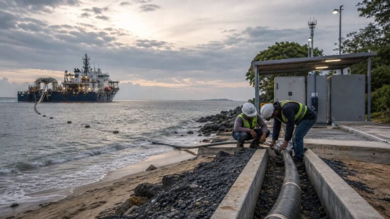 Técnicos inspeccionan un cable submarino de telecomunicaciones en una costa panameña