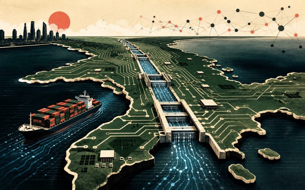 Ilustración del Canal de Panamá convertido en un circuito integrado con flujos de datos