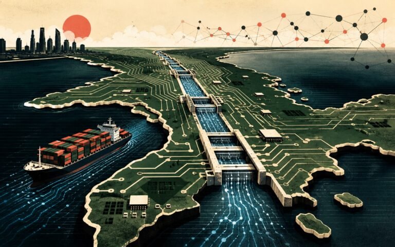 Ilustración del Canal de Panamá convertido en un circuito integrado con flujos de datos