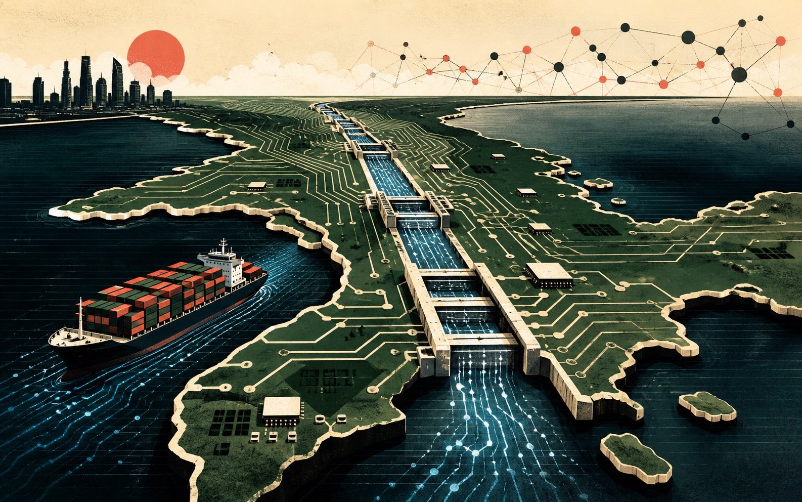 Ilustración del Canal de Panamá convertido en un circuito integrado con flujos de datos