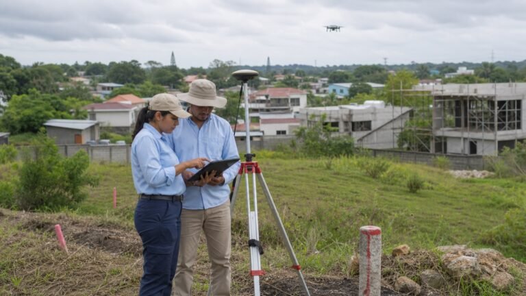 Profesionales realizan una medición catastral con equipo GNSS y una tableta en Panamá