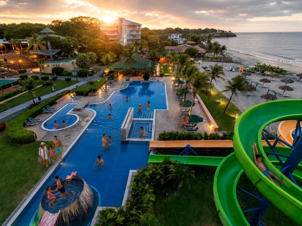 Vista panorámica de las piscinas, la playa y las instalaciones de Grand Decameron Panamá