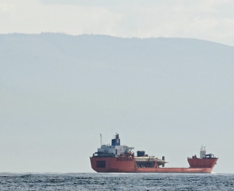 Un buque de carga pesada de la empresa Dockwise transportando un submarino en alta mar con montañas al fondo.
