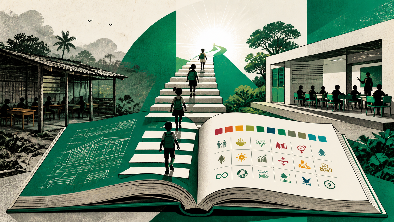 Un libro abierto se convierte en una escalera entre una escuela rural precaria y una escuela pública moderna