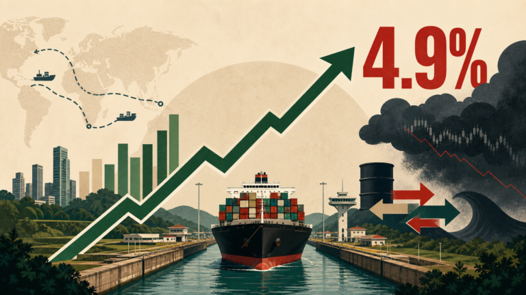 Ilustración del crecimiento de Panamá de 4,9 por ciento frente a riesgos del comercio y la energía