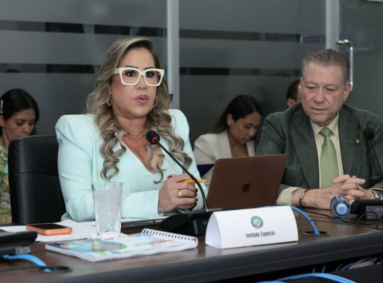 Shirley Castañedas interviene ante un micrófono durante la sustentación presupuestaria de la Asamblea.