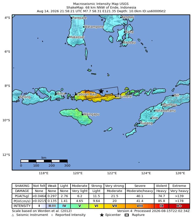 Mapa de intensidad del terremoto de magnitud 7,7 al norte de Flores, Indonesia