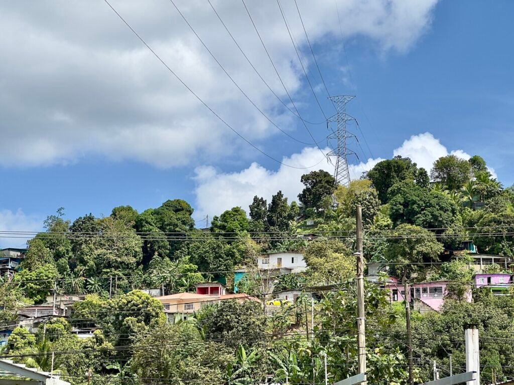 Casas y vegetación en una ladera poblada de San Miguelito, con torres de transmisión eléctrica al fondo