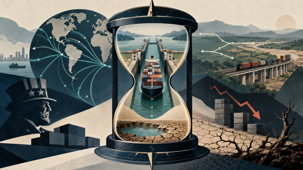 Ilustración del Canal de Panamá, el comercio global, el transporte y los riesgos económicos