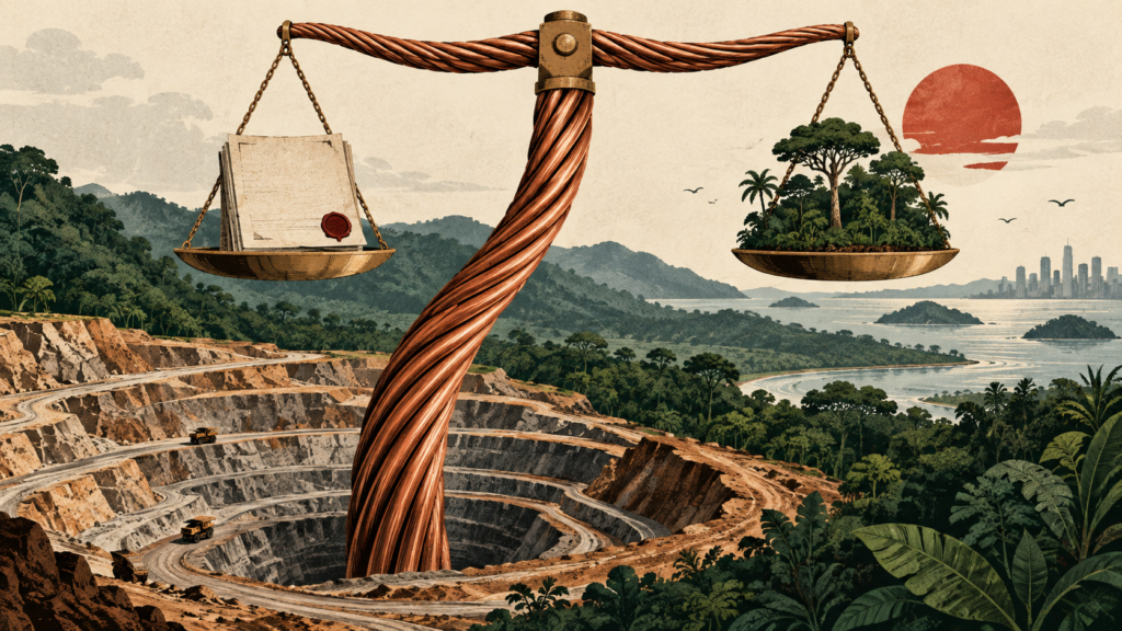 Ilustración conceptual de una balanza de cobre que equilibra un contrato y un bosque sobre una mina.