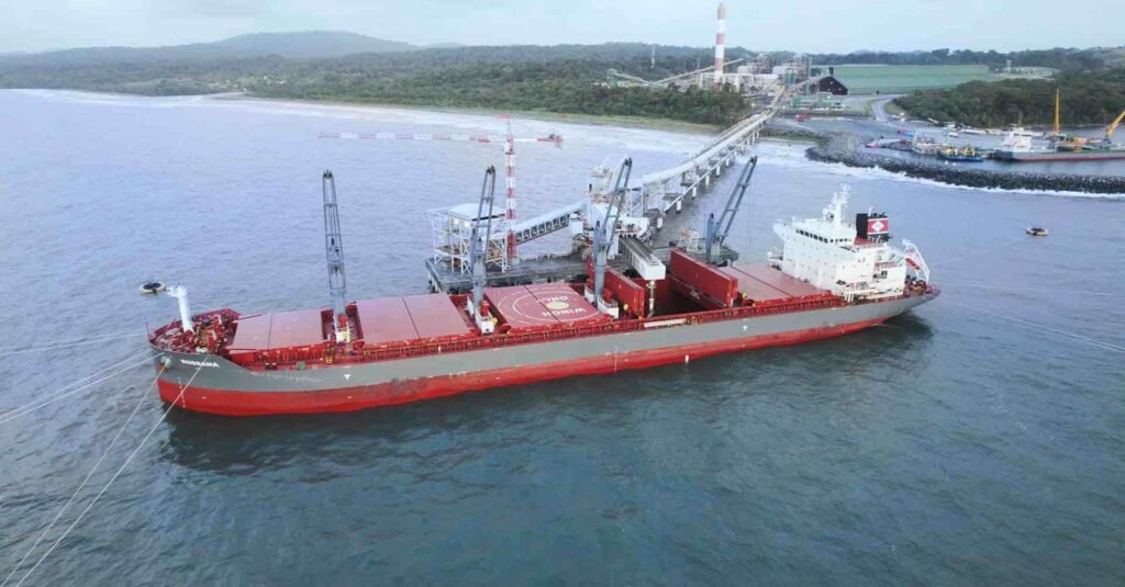Buque granelero junto a las instalaciones de carga del puerto de Punta Rincón, en Colón.