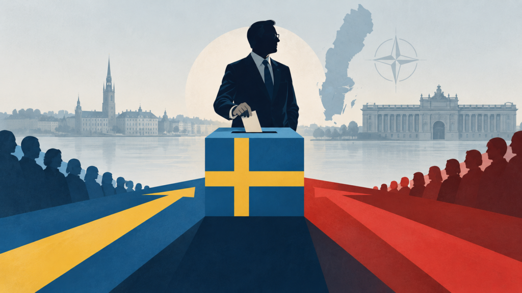 Ilustración editorial de una elección en Suecia, con Ulf Kristersson, el Parlamento y la OTAN