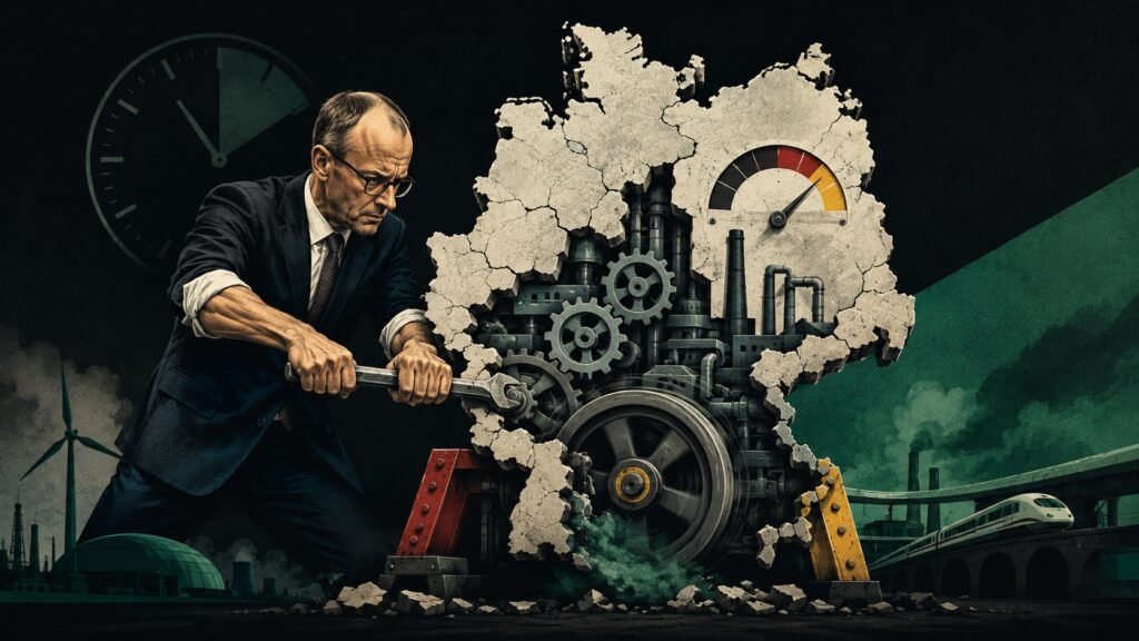 Ilustración editorial de Friedrich Merz reparando el motor industrial de Alemania