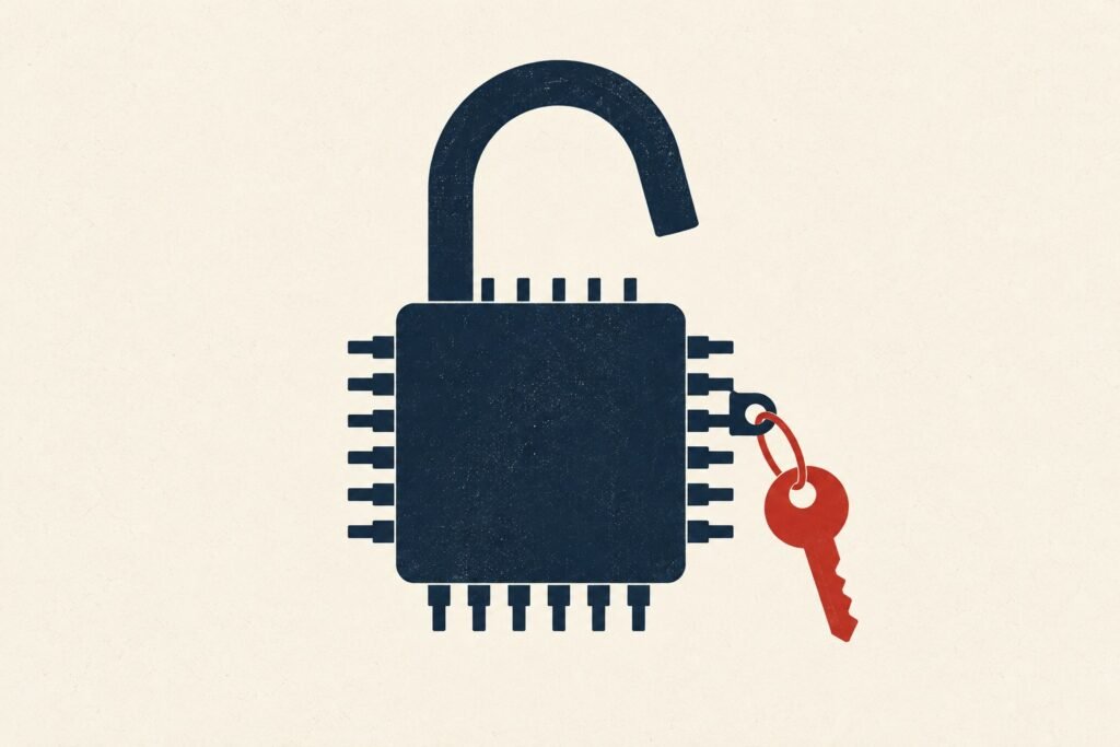 Un chip convertido en candado con su propia llave: metáfora de la autorregulación de la inteligencia artificial.