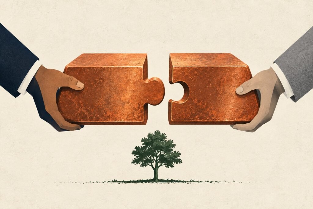 Dos piezas de cobre por encajar representan una asociación todavía pendiente. Ilustración conceptual generada con inteligencia artificial para Mirada Económica.