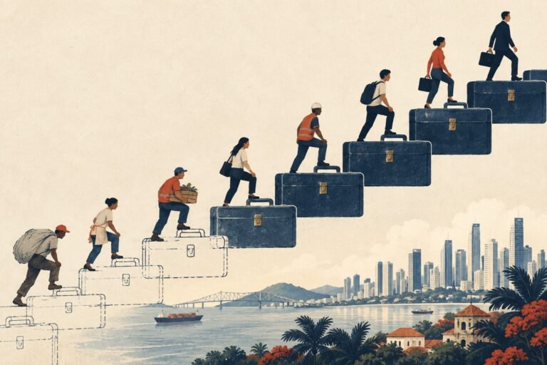 Trabajadores ascienden por una escalera de maletines: una metáfora del acceso al empleo estable. Ilustración conceptual generada con inteligencia artificial para Mirada Económica.