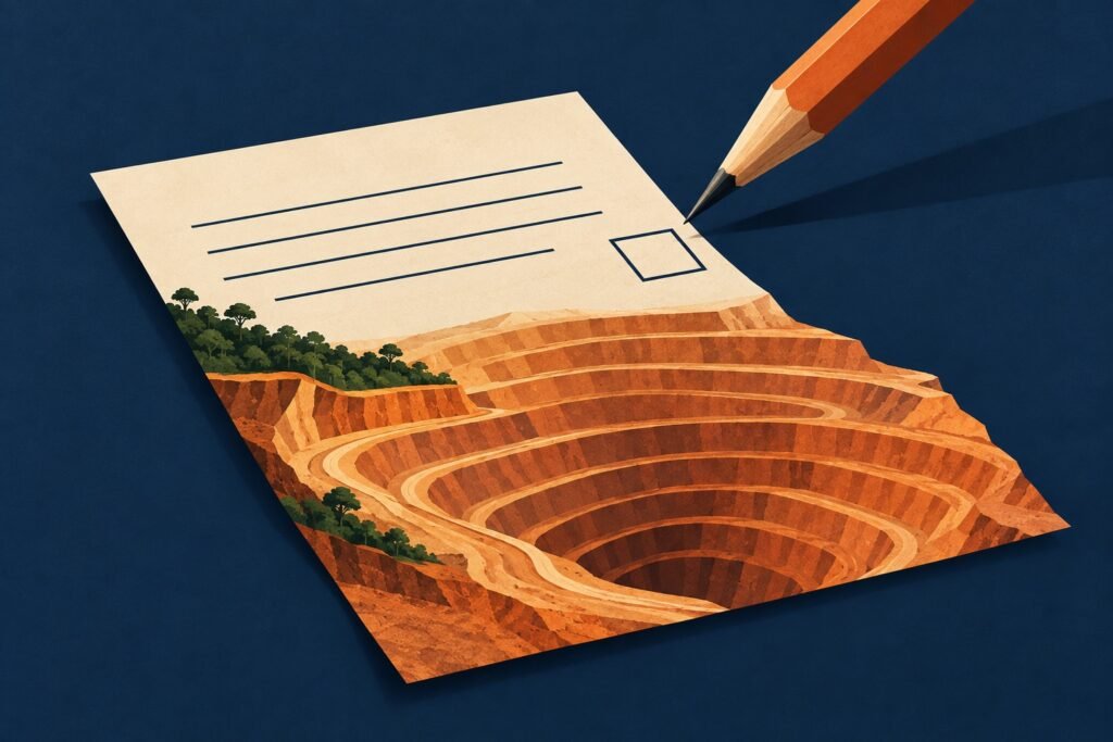 Ilustración de una hoja de informe transformada en una mina de cobre, con un lápiz ante una casilla vacía.