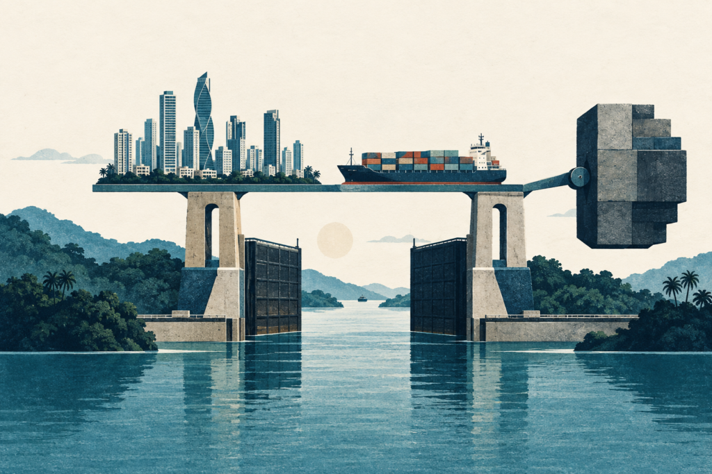 Ilustración conceptual de la ciudad de Panamá y un buque sobre una estructura en equilibrio con el peso de la deuda.