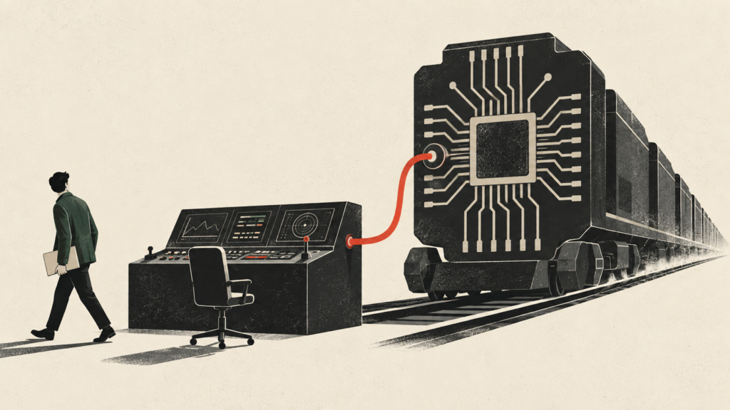 Ilustración de un investigador que abandona una consola de control junto a una locomotora con forma de microchip.