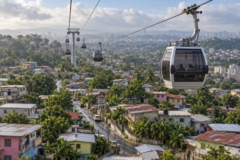 Recreación con IA de cabinas de teleférico sobre un entorno urbano inspirado en los barrios de San Miguelito.