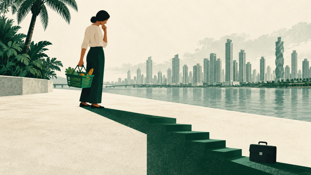 Ilustración conceptual de un consumidor con una cesta de compras cuya sombra desciende hacia un maletín, ante el perfil de la ciudad de Panamá.