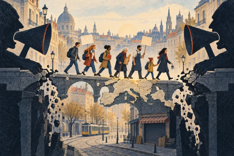Ilustración de ciudadanos sobre un puente con un mapa de Europa, amenazado por figuras con megáfonos que representan la polarización.