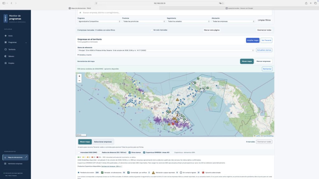 Sistema de monitoreo empresarial utilizado para ubicar empresas y priorizar el seguimiento tras el sismo. Imagen difundida por el MICI; herramienta desarrollada con apoyo del PNUD.