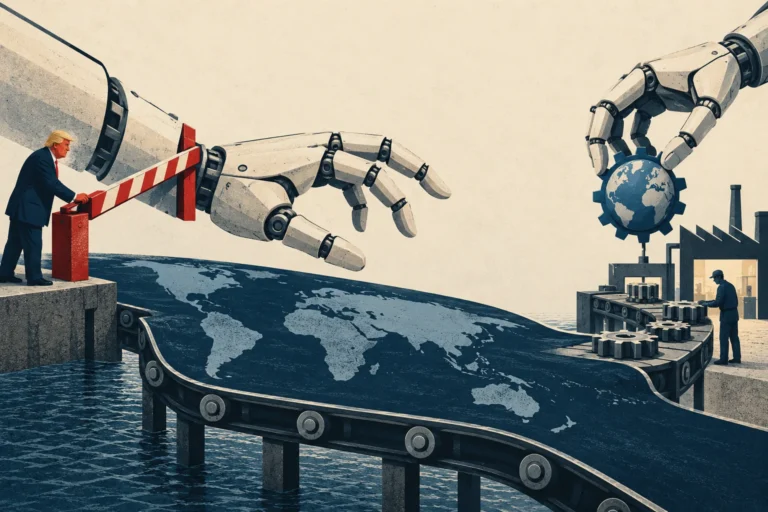 Ilustración conceptual de Trump junto a una barrera comercial, manos robóticas y una fábrica conectada al comercio mundial.