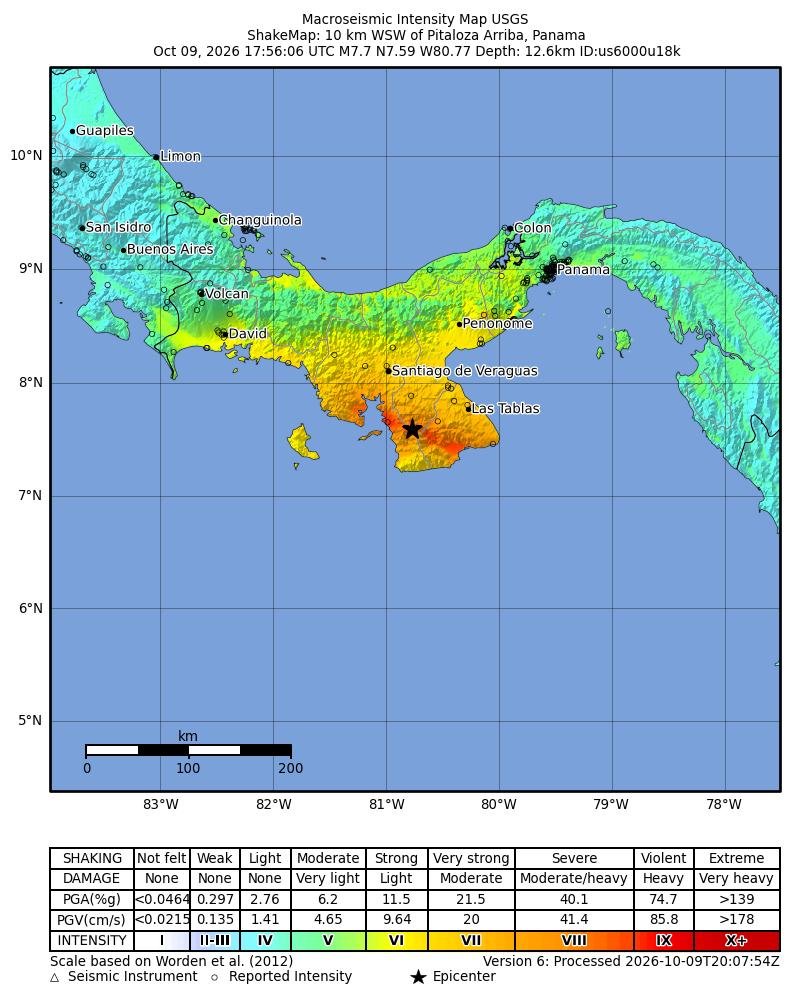 Mapa oficial de intensidad estimada del USGS