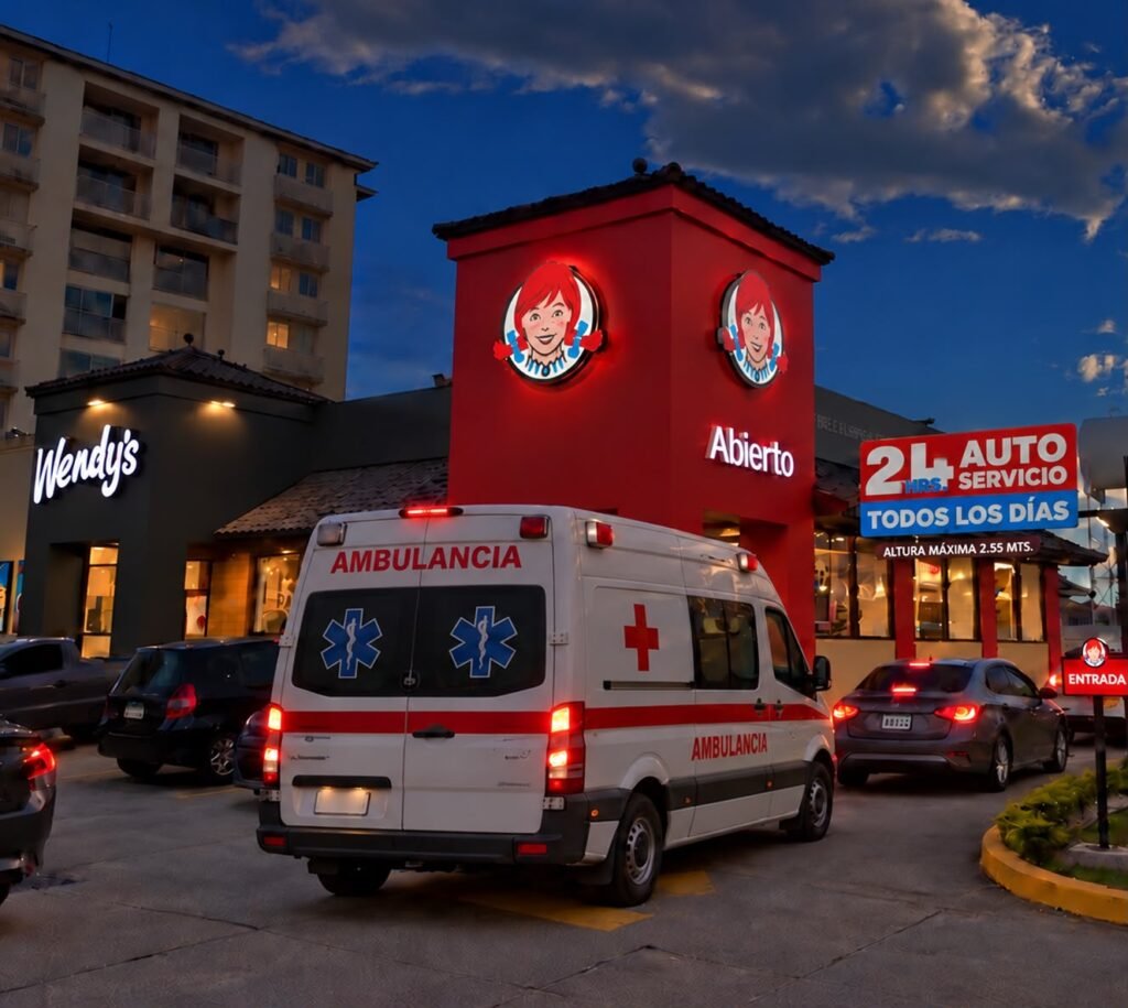 Restaurante Wendy’s con señalización de autoservicio de 24 horas. Imagen suministrada por Wendy’s Panamá.