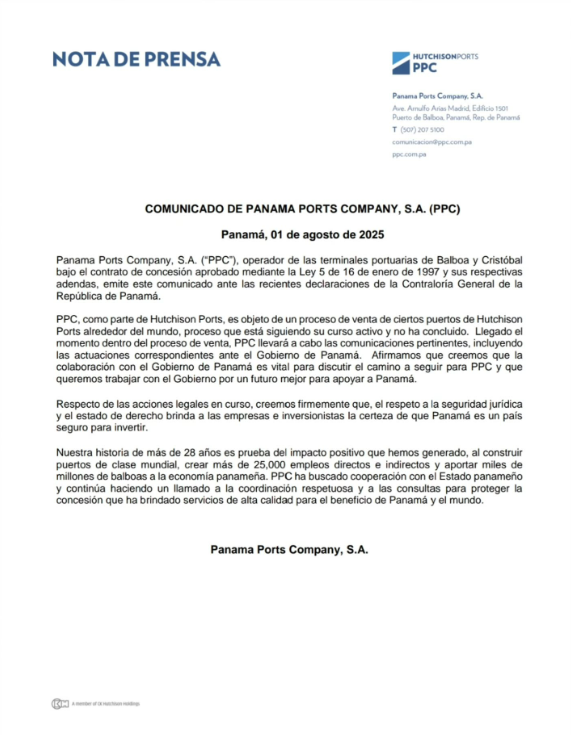 Nota de prensa de Panama POrts Company, S.A.