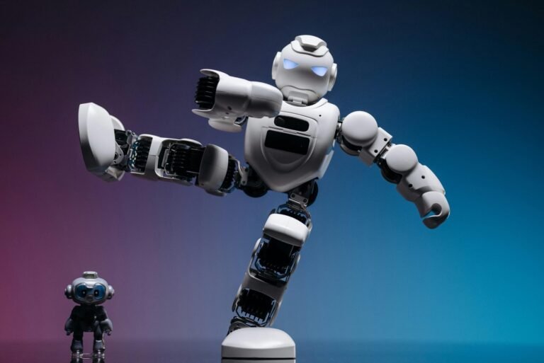 A White Robot with Foot Above a Small Robot