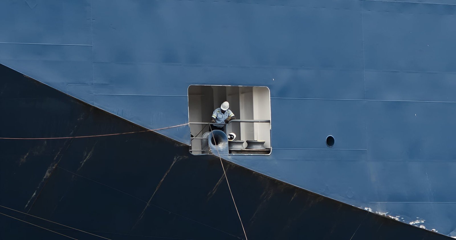 worker on large ship performing maintenance