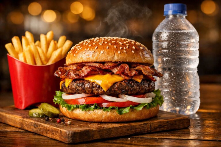 Hamburguesa con queso, tocino, lechuga y tomate acompañada de papas fritas y una botella de agua en un restaurante