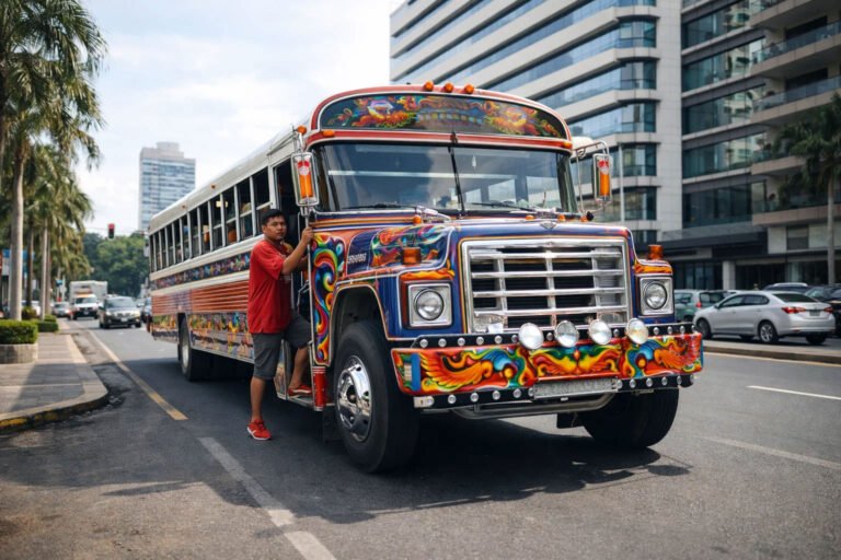 Autobús diablo rojo de Panamá circulando por una avenida de la Ciudad de Panamá con edificios modernos alrededor