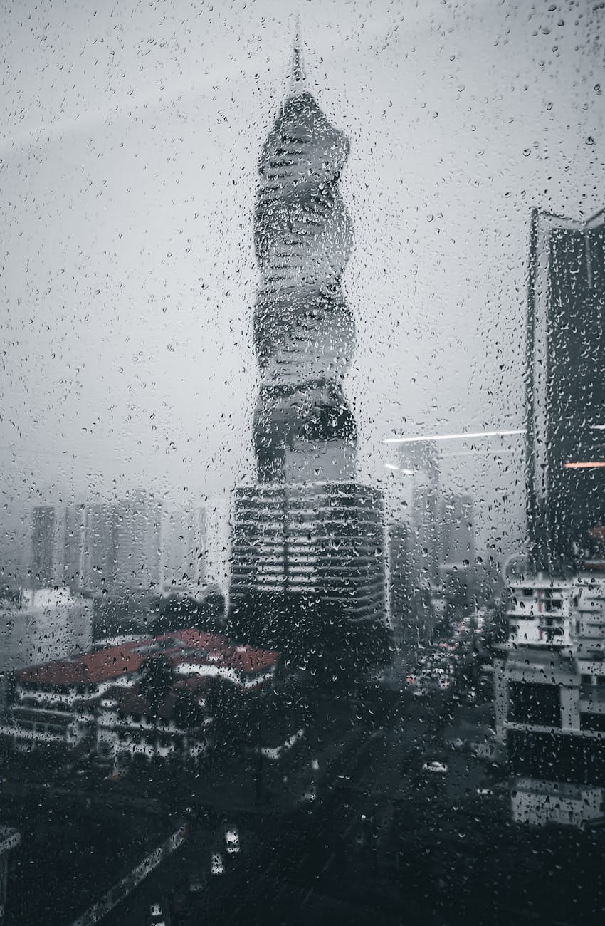 ff tower in panama city seen through window in rain