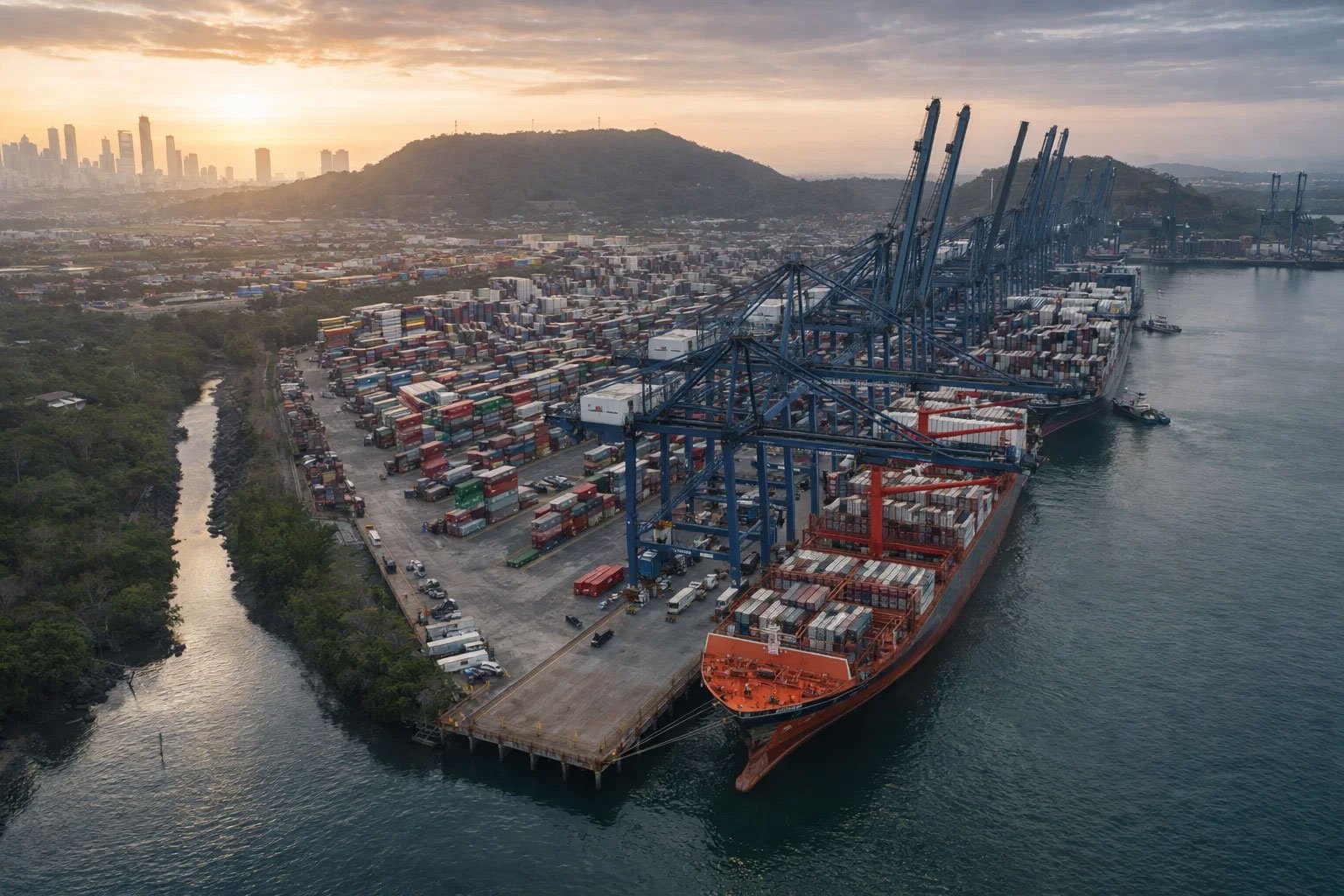 Vista aérea de un puerto de contenedores con grúas portuarias y barcos de carga en una terminal marítima