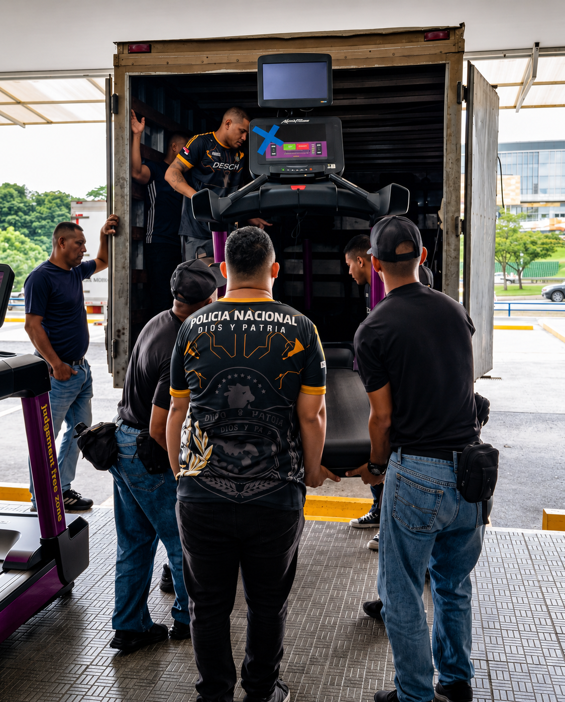 Policías descargan una caminadora donada por Planet Fitness Panamá
