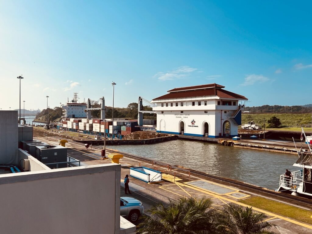 panama canal miraflores locks under clear blue sky