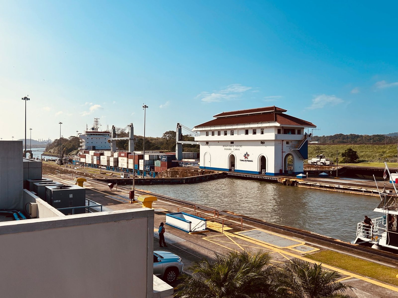 panama canal miraflores locks under clear blue sky