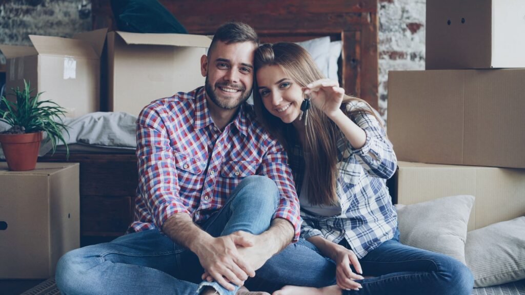 happy couple holding keys in new home