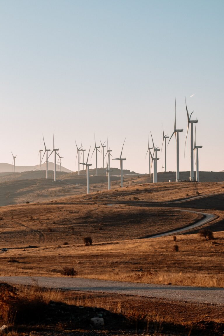 Scenic view of wind turbines on a hill against a clear sky during sunset, capturing renewable energy beauty.