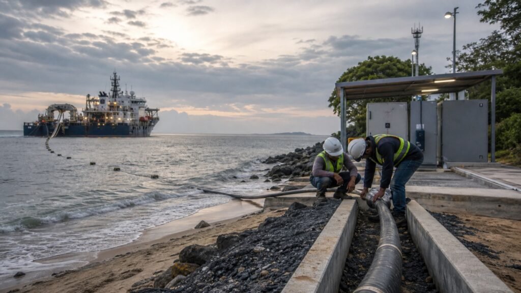 Técnicos inspeccionan un cable submarino de telecomunicaciones en una costa panameña