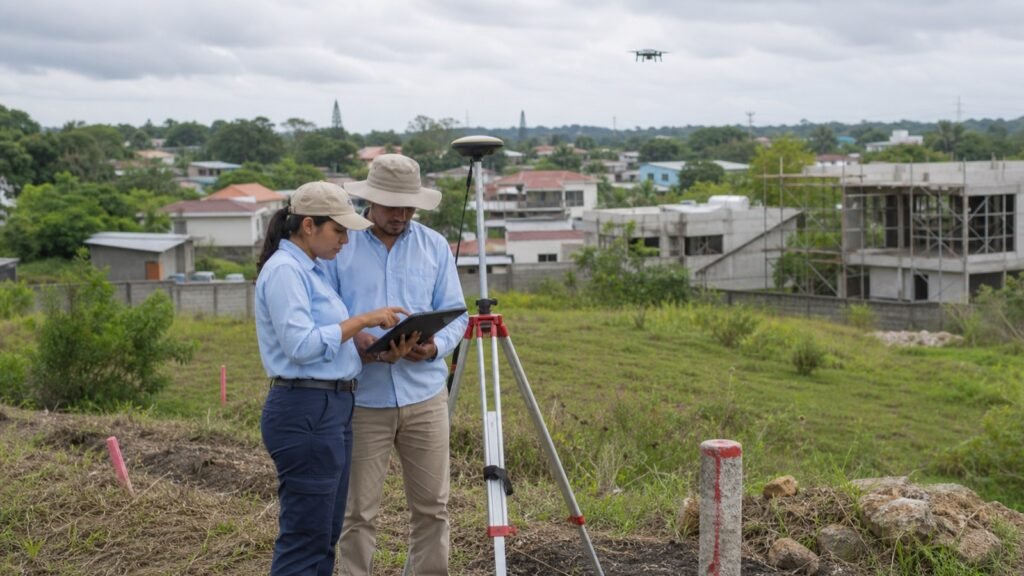 Profesionales realizan una medición catastral con equipo GNSS y una tableta en Panamá