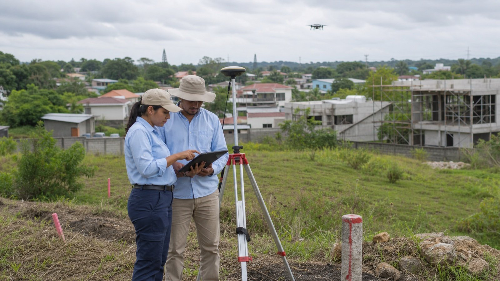 Profesionales realizan una medición catastral con equipo GNSS y una tableta en Panamá