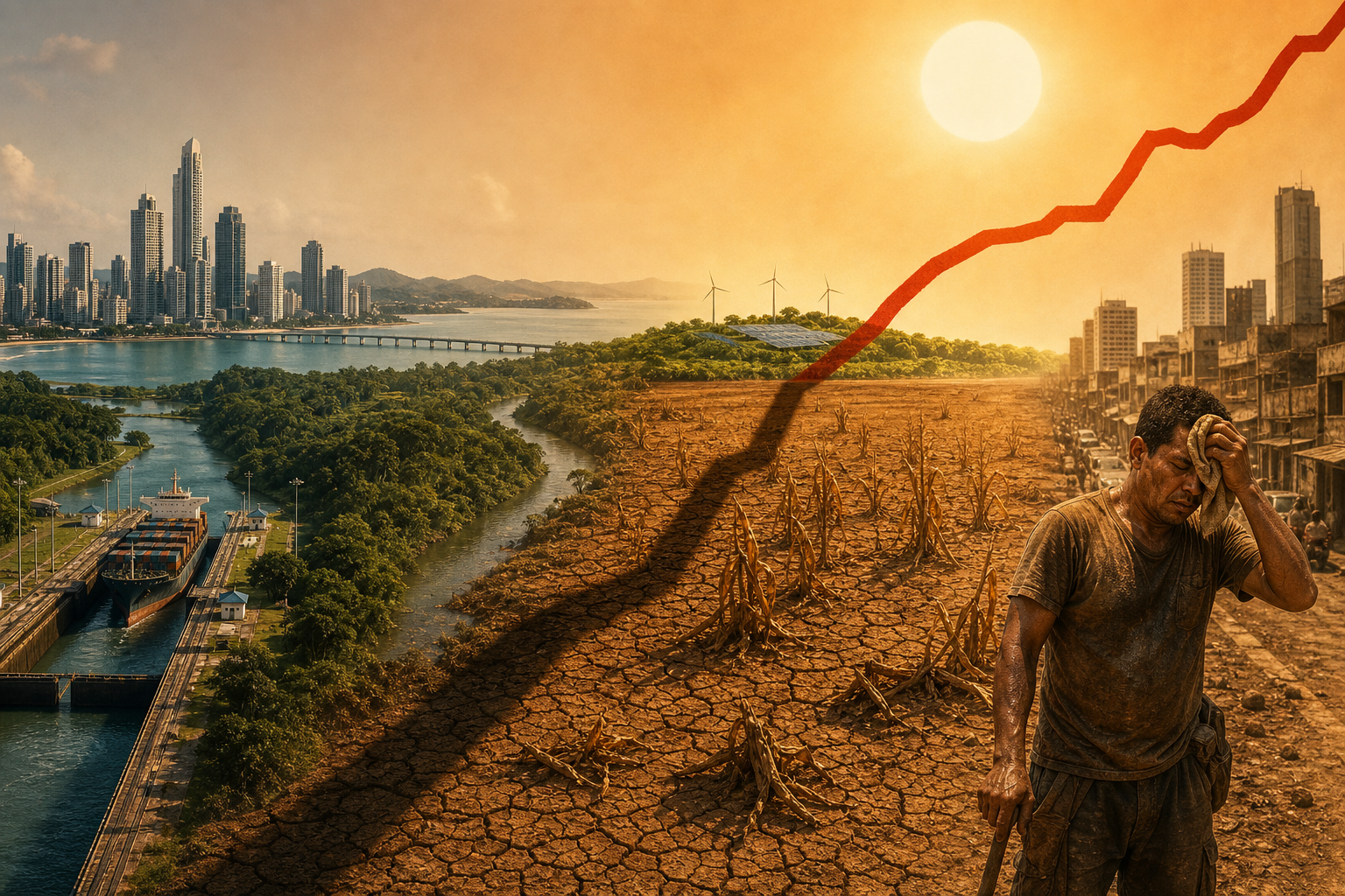 Ilustración editorial sobre el calor, el Canal de Panamá, el campo y el trabajo en América Latina